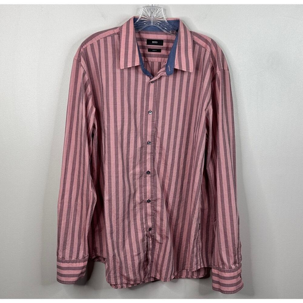 Hugo Boss Men's 2XL Slim Fit Dress Shirt Pink Black Gingham Plaid Long Sleeve